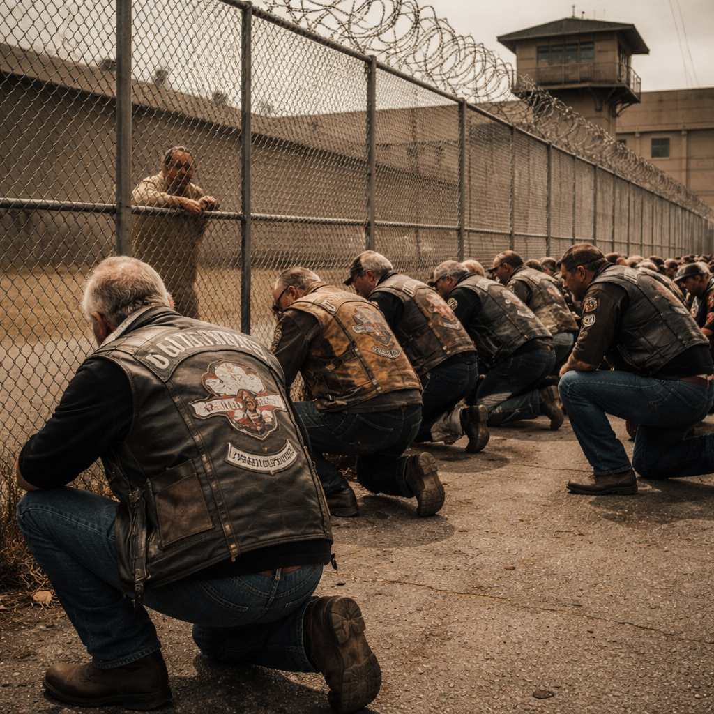 biker knelt in front of prison