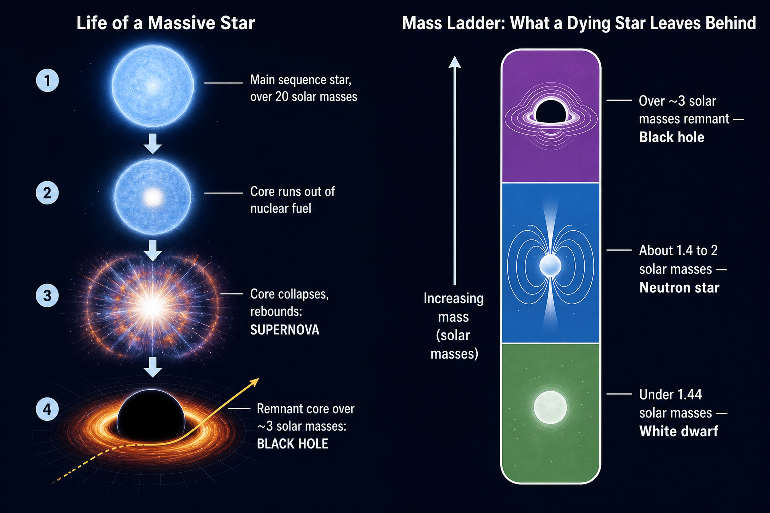 wo-panel diagram showing the life stages of a massive star from main sequence through supernova to black hole, beside a mass ladder for white dwarfs, neutron stars and black holes.